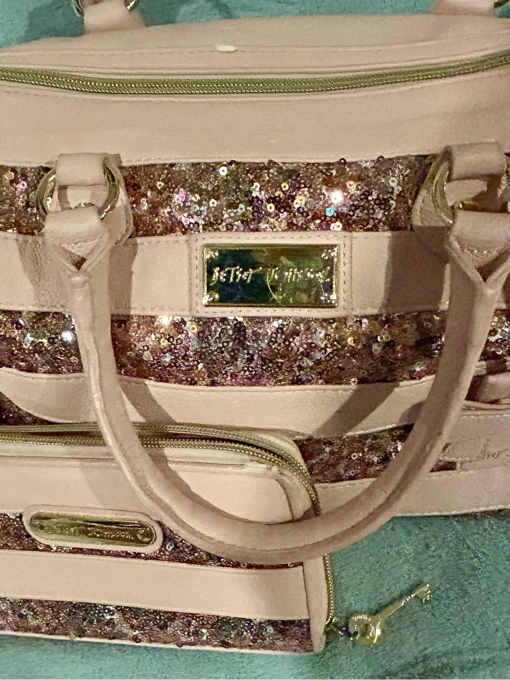 RARE! 2011 Betsey Johnson Blush Pink Sequin Stripe Satchel with Matching Wallet